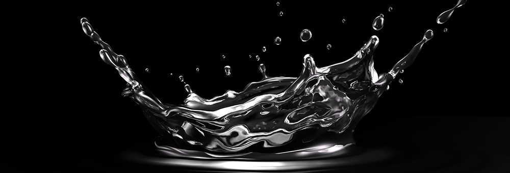 Glossy silver liquid splash on black background, high-contrast metallic water effect