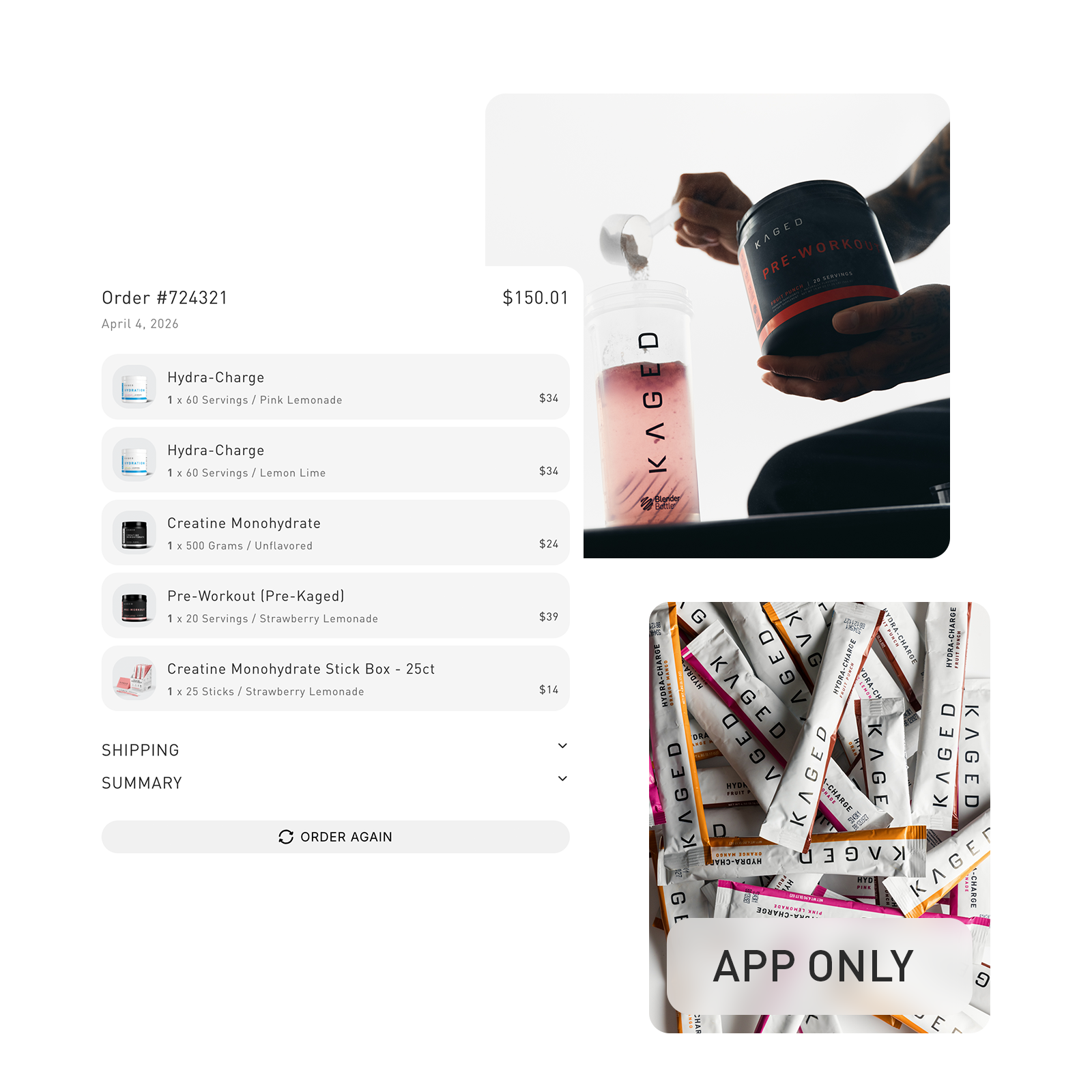 Promotional app preview showing an order summary, a person pouring pre workout into a KAGED shaker, and APP ONLY overlay