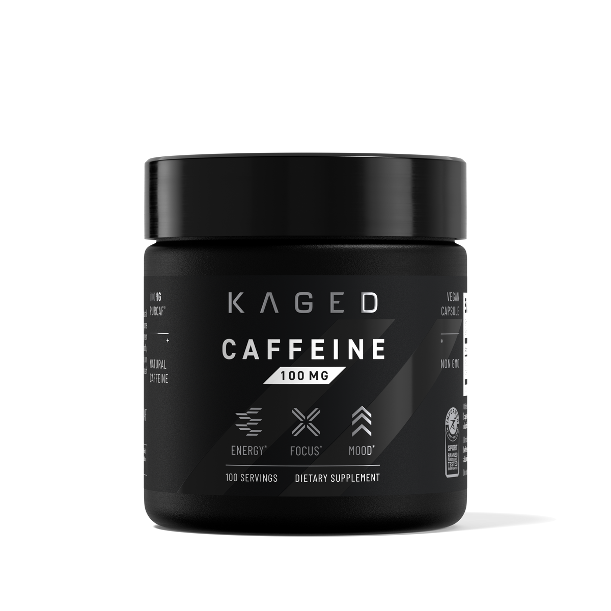 Front view of Kaged PurCaf Caffeine 100 mg supplement bottle showing CAFFEINE and 100 MG on the label with black background