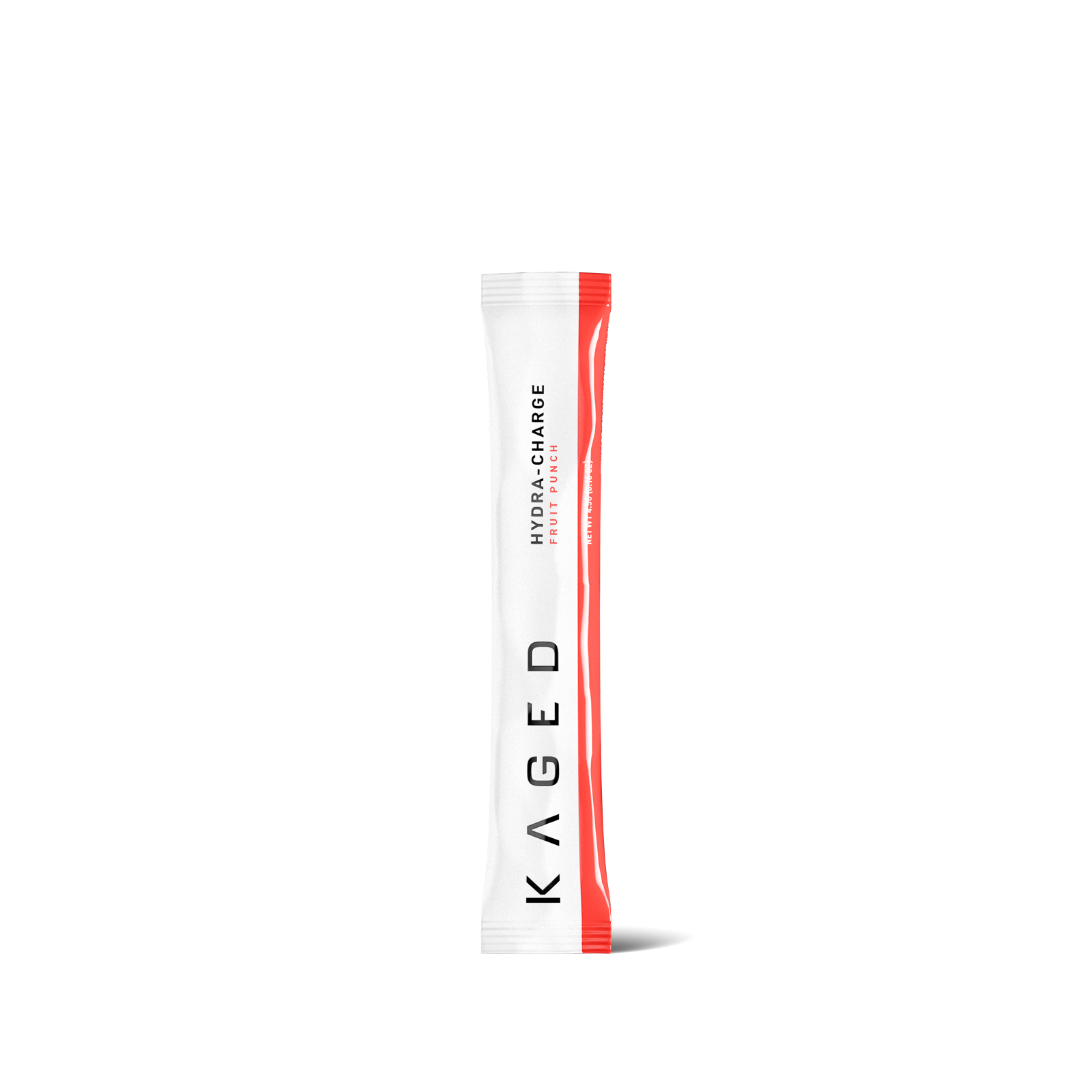 Front view of Hydra-Charge stick packet showing Fruit Punch flavor, vertical KAGED logo and red flavor stripe on white background #flavor_fruit punch