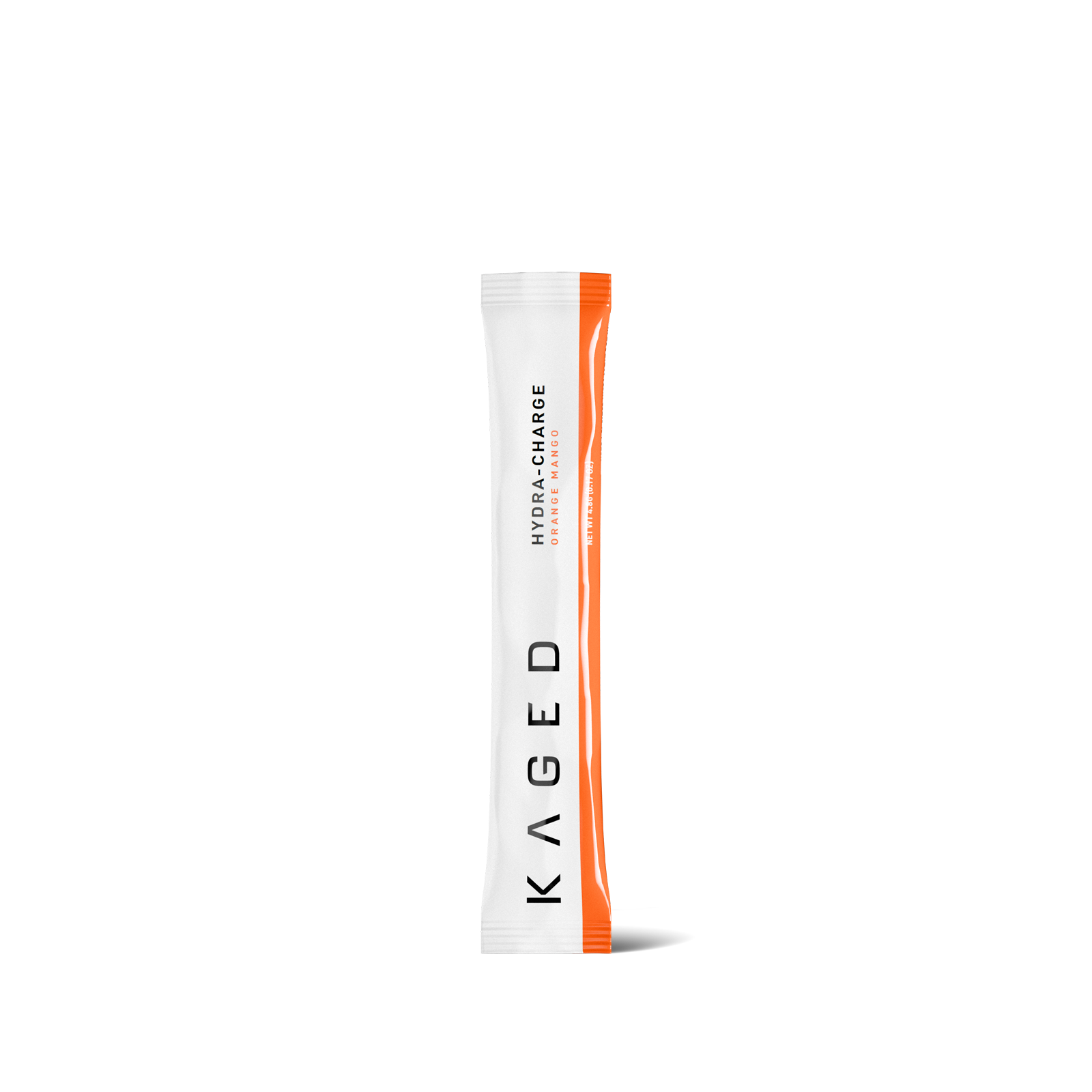 Front view of Hydra-Charge stick packet showcasing Orange Mango flavor with vertical KAGED branding and orange side accent on white background #flavor_orange mango