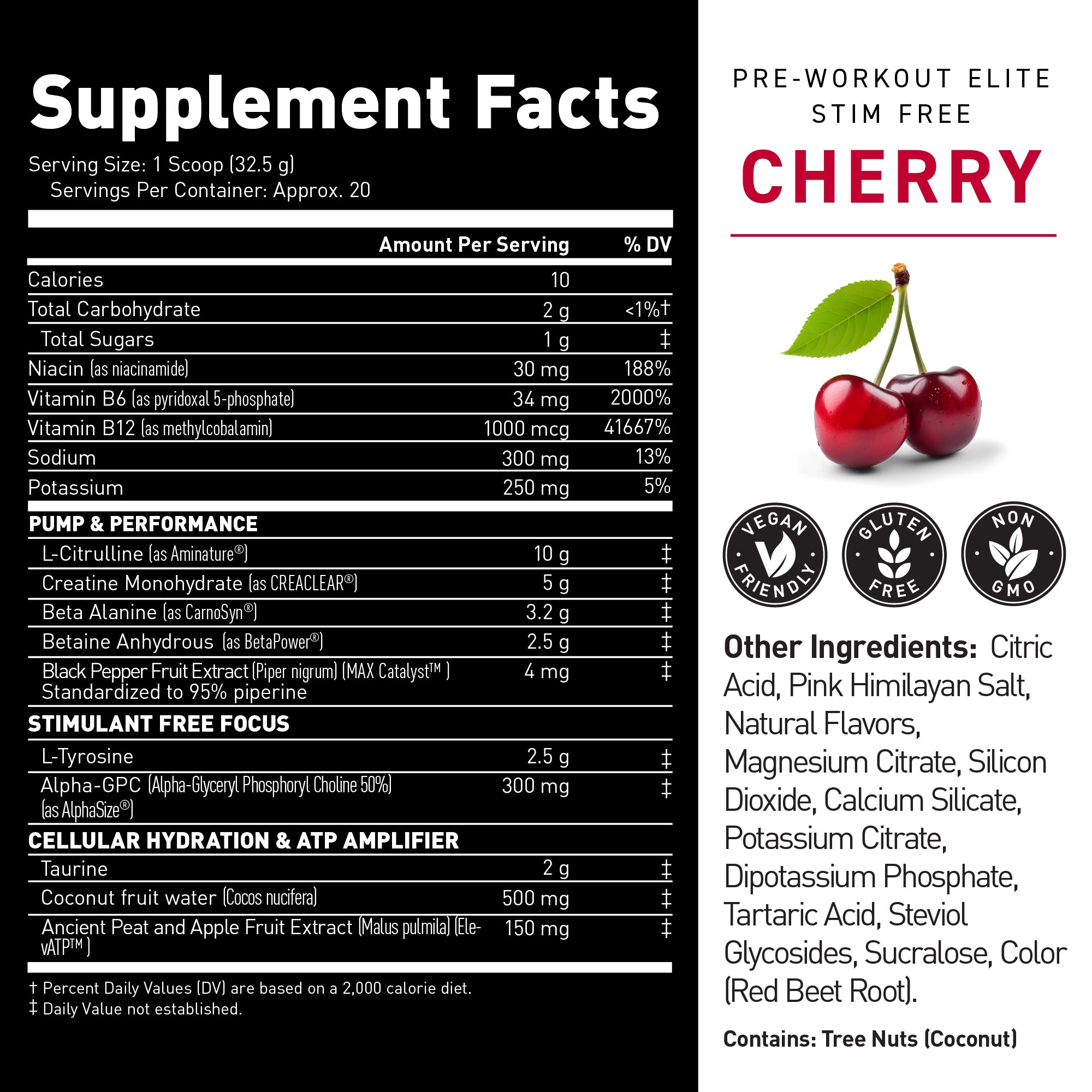 Pre-Workout Elite Stimulant-Free front label, Cherry Limeade flavor with cherries and lime, supplement facts and certification badges #flavor_cherry limeade