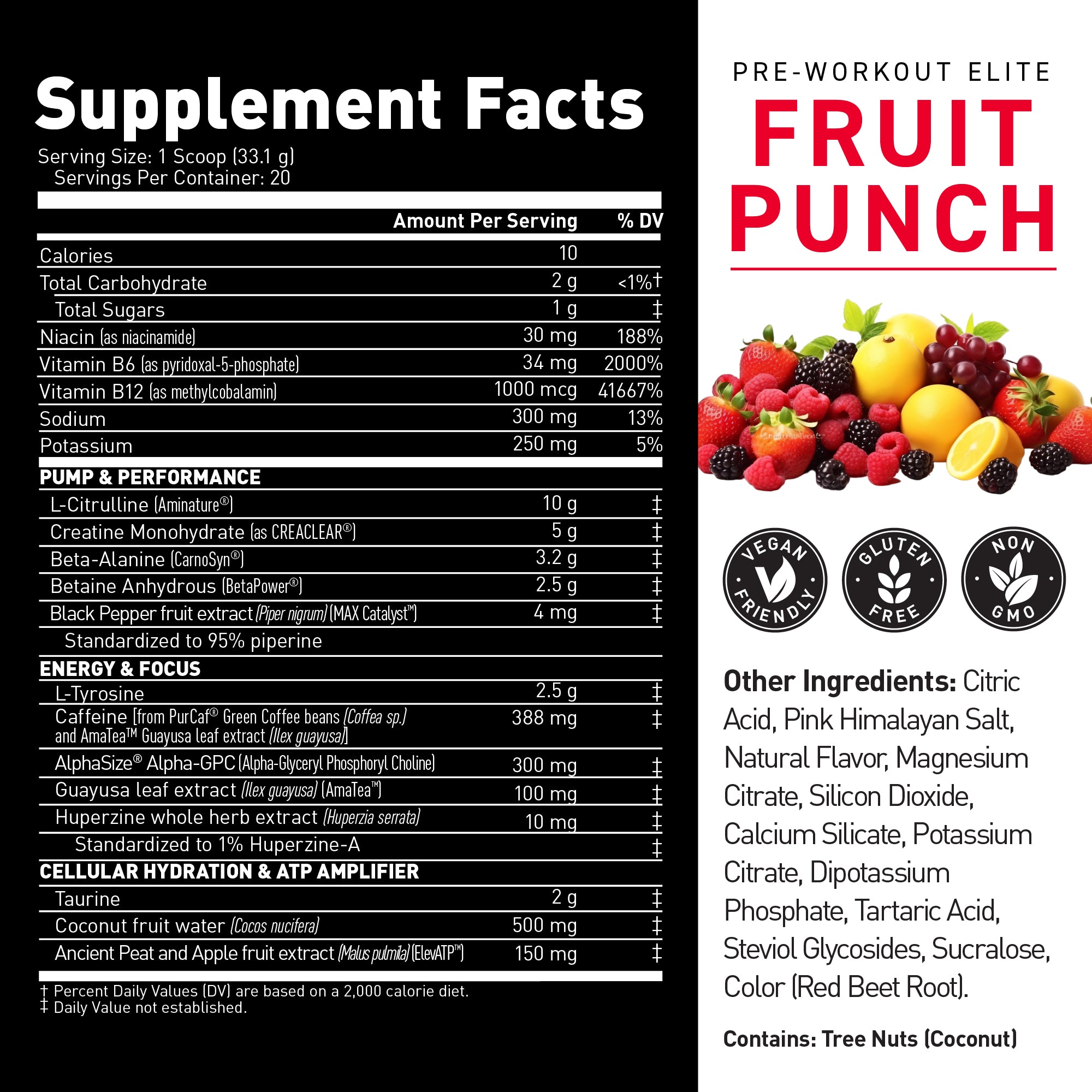 Supplement facts label showing serving size, ingredient dosages, key performance blends, and allergen info for Pre-Workout Elite Fruit Punch #flavor_fruit punch