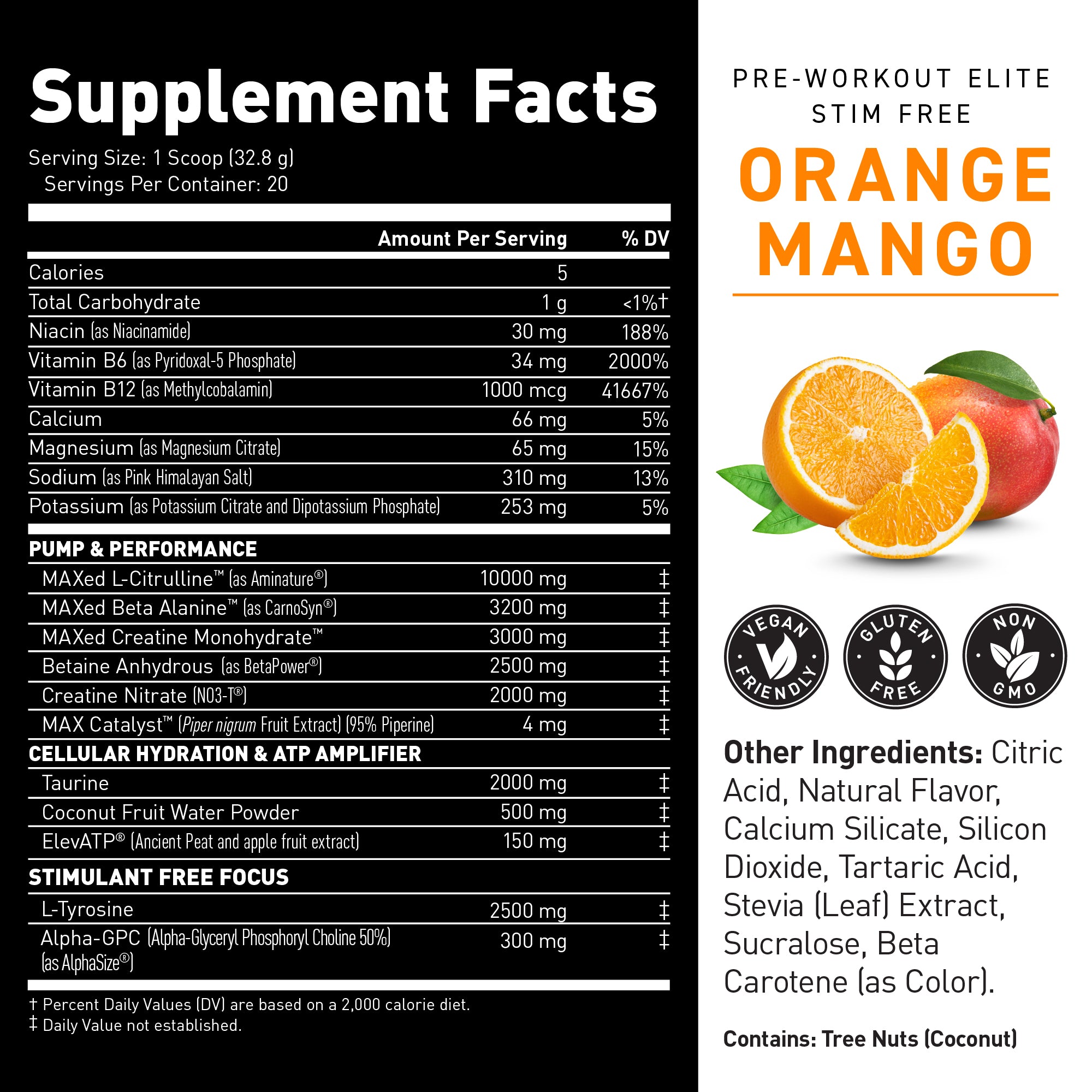 Supplement Facts for Pre‑Workout Elite Stim‑Free Orange Mango listing serving size 1 scoop and key ingredient amounts including L‑citrulline 10,000 mg, beta‑alanine 3,200 mg, creatine monohydrate 3,000 mg #flavor_orange mango