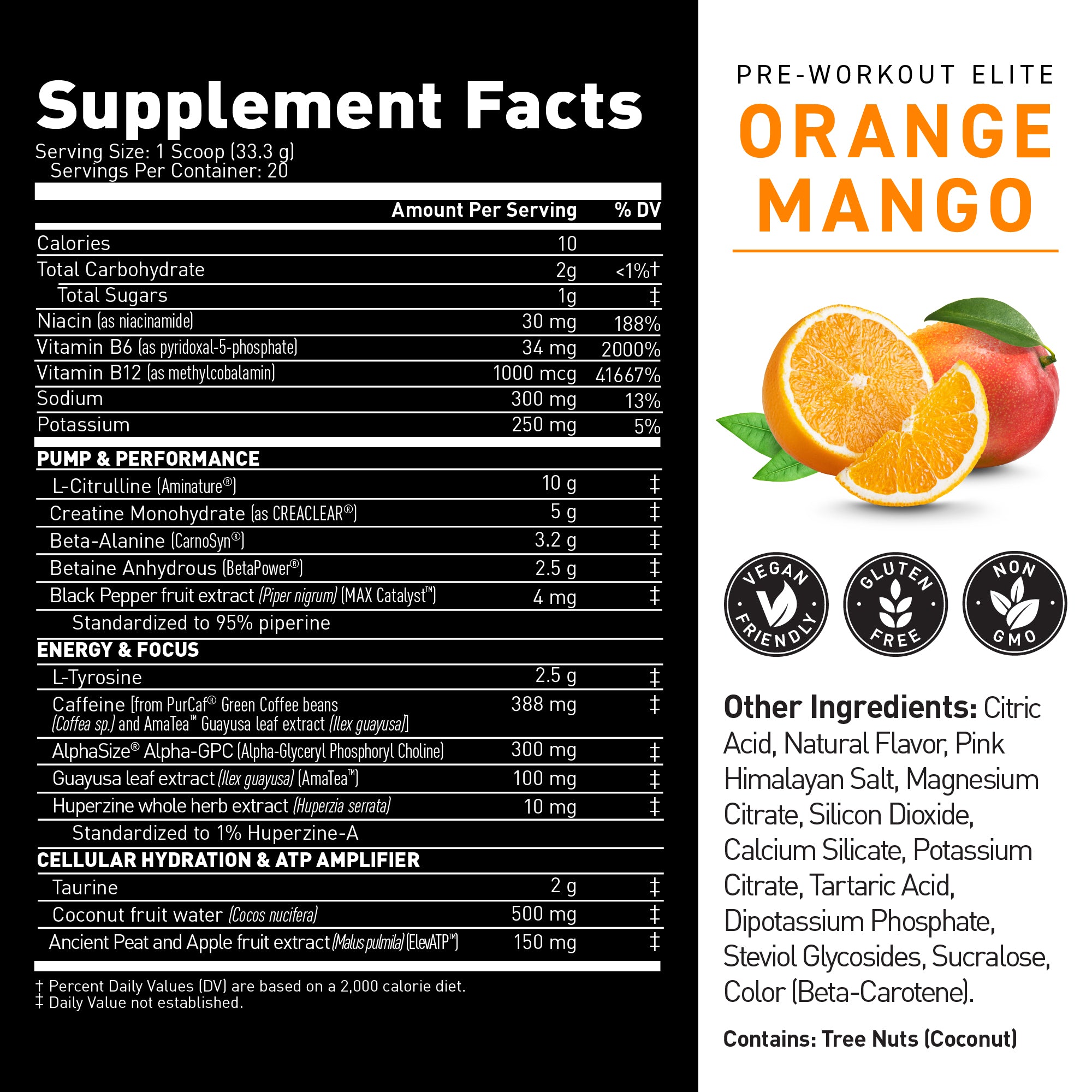 Front label of Pre-Workout Elite showing large ORANGE MANGO flavor text, supplement facts panel, and orange and mango illustration #flavor_orange mango