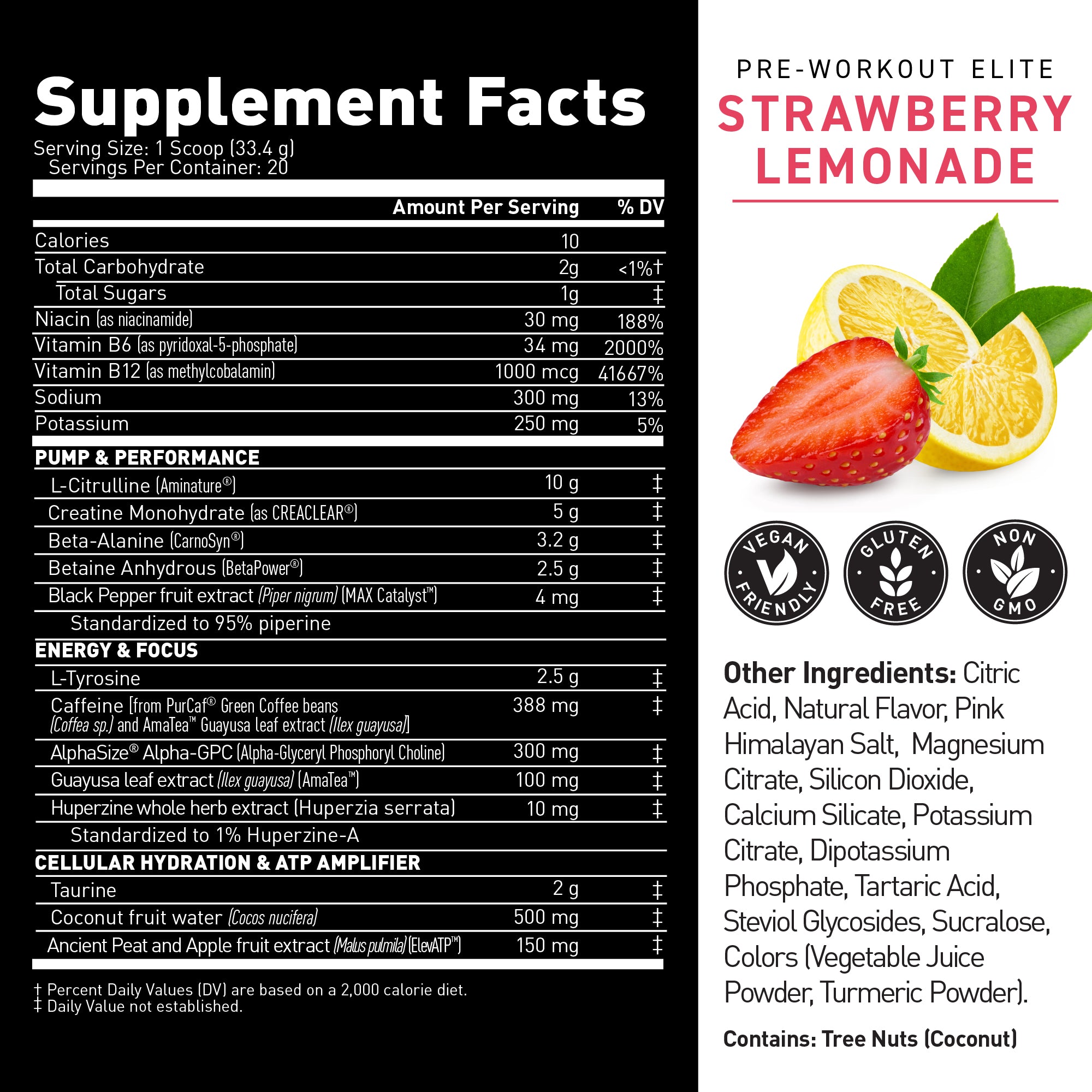 Supplement facts label showing Pre-Workout Elite strawberry lemonade flavor, nutrition facts table, fruit image and vegan, gluten-free, non-GMO icons #flavor_strawberry lemonade