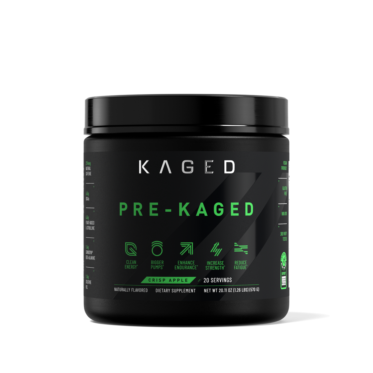 Close-up front view of Pre-Kaged Pre-Workout tub showing PRE-WORKOUT label and Crisp Apple flavor text on white background #flavor_crisp apple