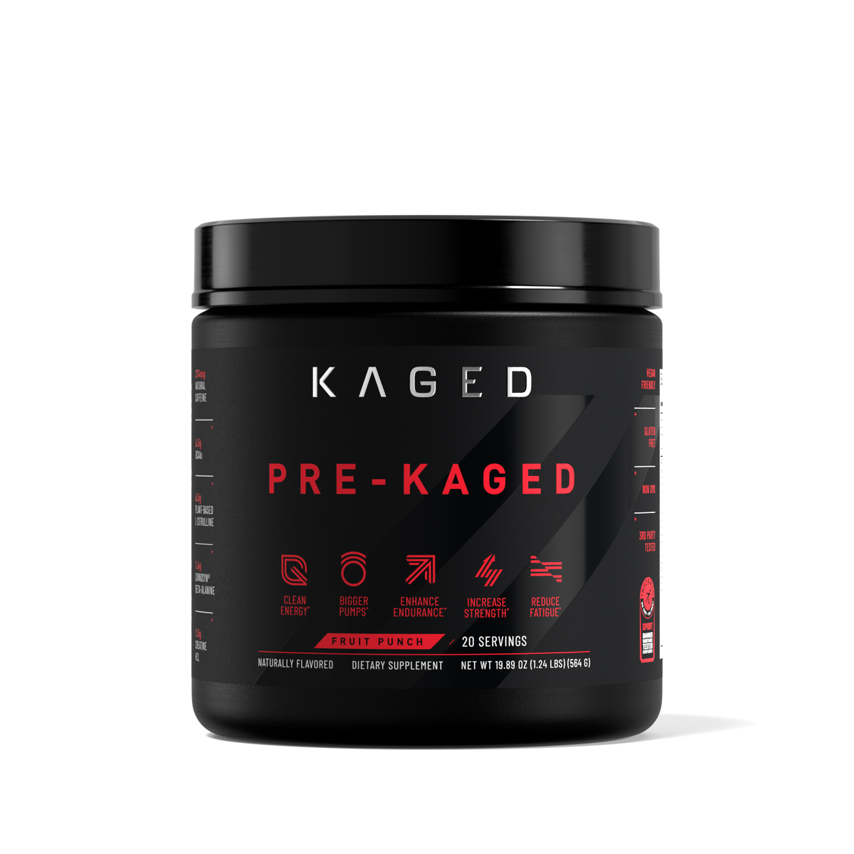 Front view of Pre-Kaged Pre-Workout tub showing large PRE-WORKOUT label and Fruit Punch flavor strip listing 20 servings on black background #flavor_fruit punch