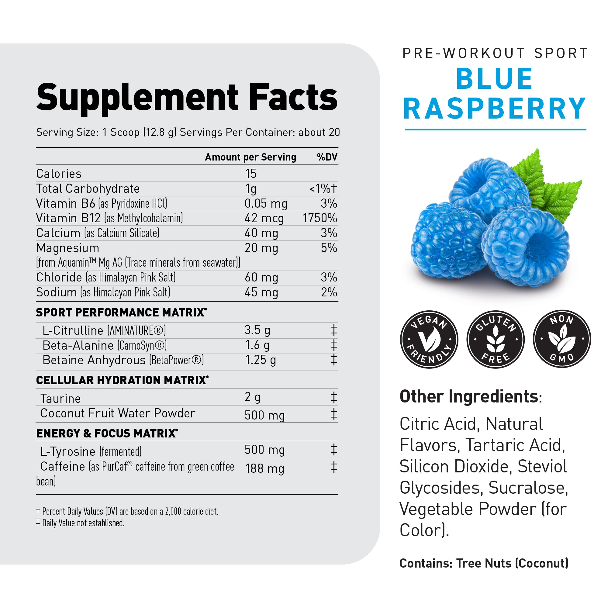 Front label of Pre-Kaged Sport pre workout showing BLUE RASPBERRY, supplement facts, and blue raspberry image #flavor_blue raspberry