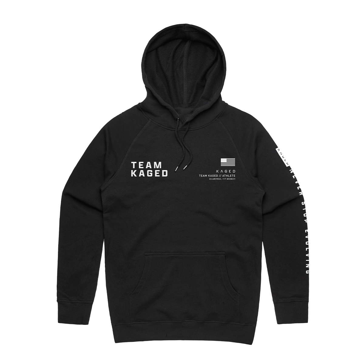 Front view of Team Kaged black hoodie with white TEAM KAGED chest print, flag graphic, sleeve text and kangaroo pocket