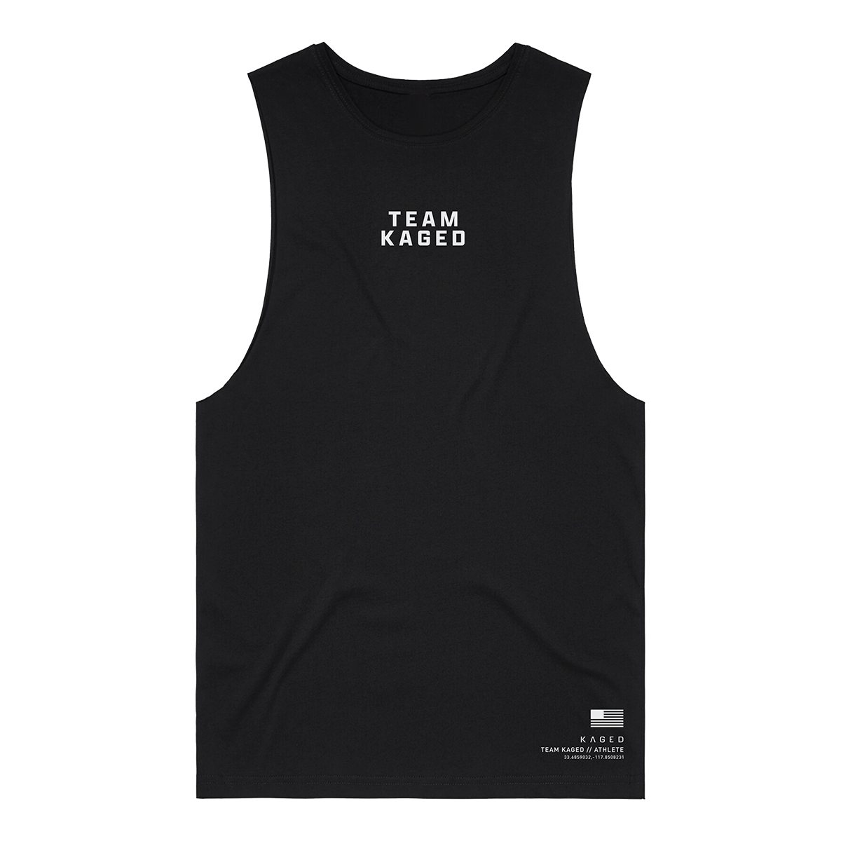 Front view of black Team Kaged tank with centered TEAM KAGED chest logo on white background