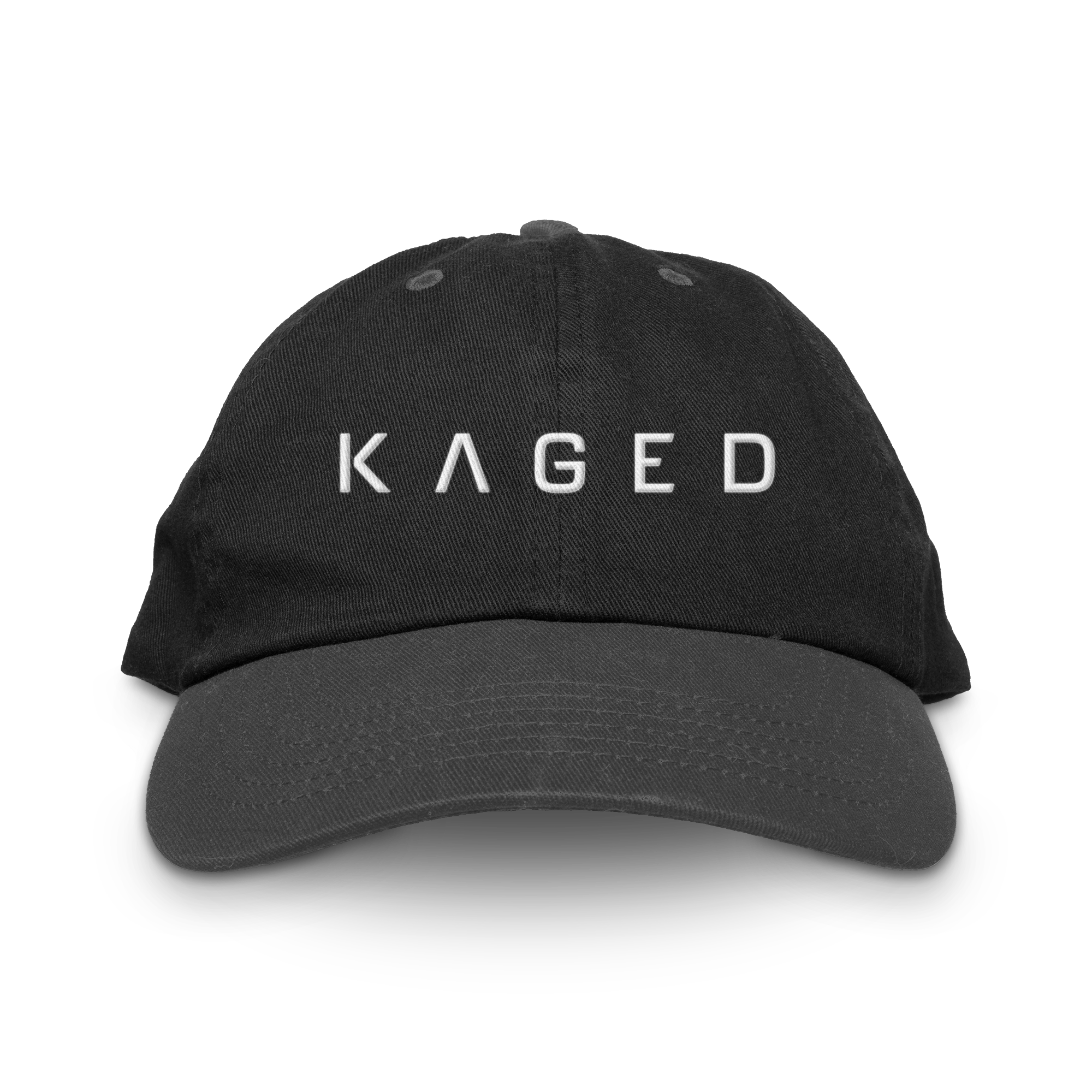 Front view of black dad hat showcasing white embroidered KAGED logo and curved brim on plain white background