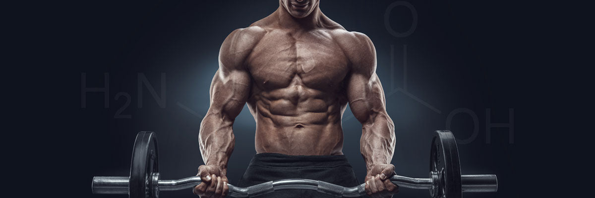 Shirtless muscular man performing a barbell curl in a dark studio, illustrating strength and creatine supplementation