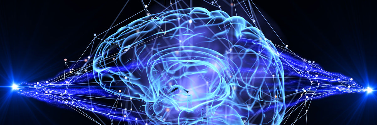 Glowing blue 3D brain illustration with neural network connections and bright side lights on dark background