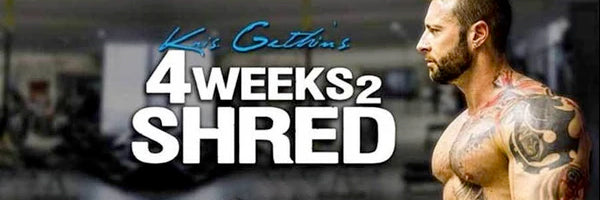 Muscular shirtless trainer posing in a gym beside bold overlaid headline '4 WEEKS 2 SHRED'