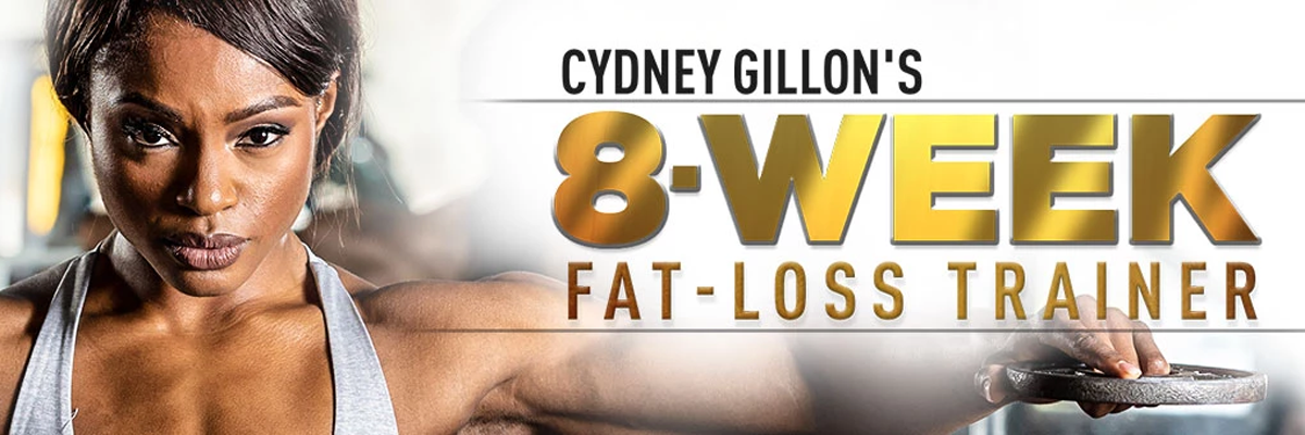 Close-up of a trainer holding a weight plate in a gym with the overlay headline 8-WEEK FAT-LOSS TRAINER