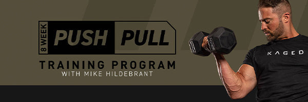 Man curling a dumbbell next to a banner for an eight week Push Pull training program with Mike Hildebrant