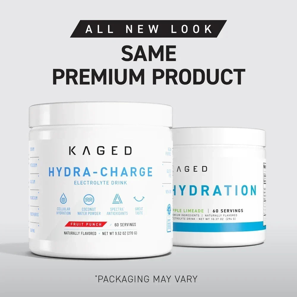 Front view of Kaged Hydra-Charge containers showing new packaging beside former Kaged Hydration design on gray background