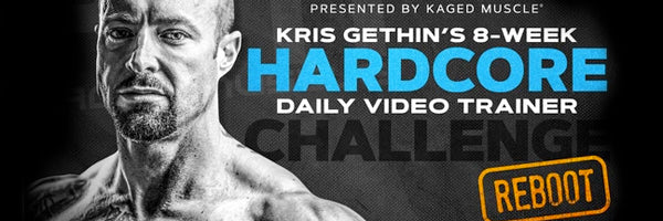 Shirtless muscular trainer beside headline HARDCORE Daily Video Trainer and orange REBOOT stamp for an 8-week program