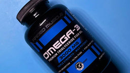 Kaged omega-3 fish oil supplement bottle on a blue background, 3000 mg triple strength.