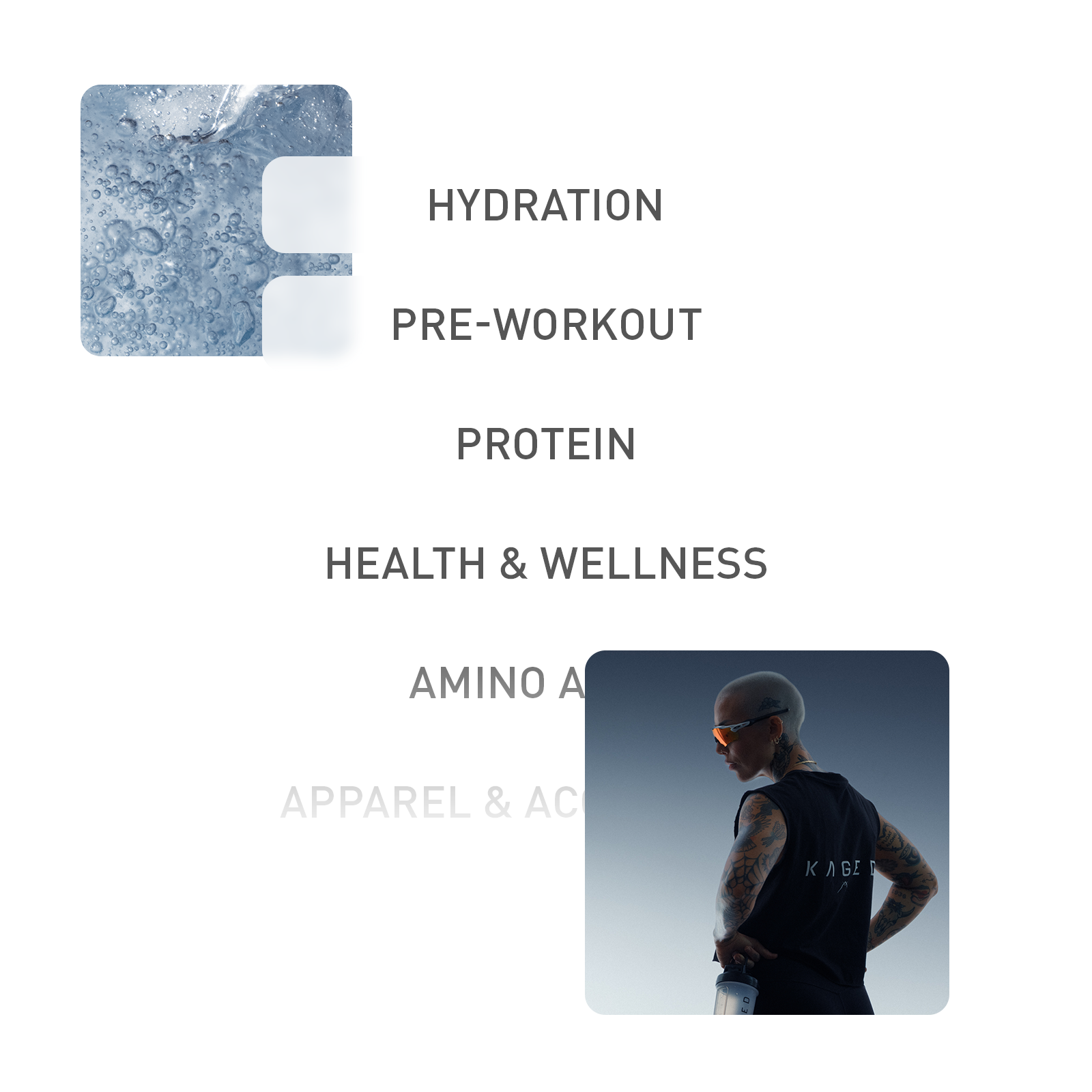 Promotional graphic showing app category menu listing Hydration, Pre-Workout, Protein, Health & Wellness, Amino Acids, and Apparel & Accessories