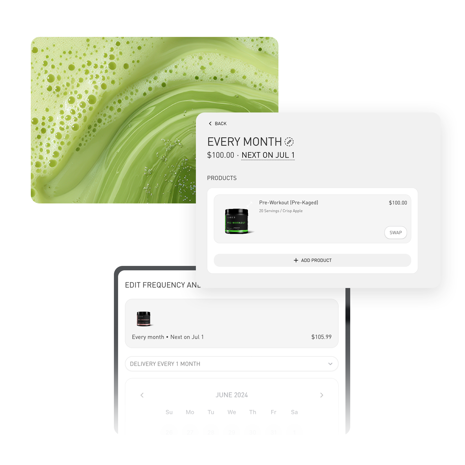 KAGED app subscription screens labeled Every Month showing recurring order details and calendar over green background