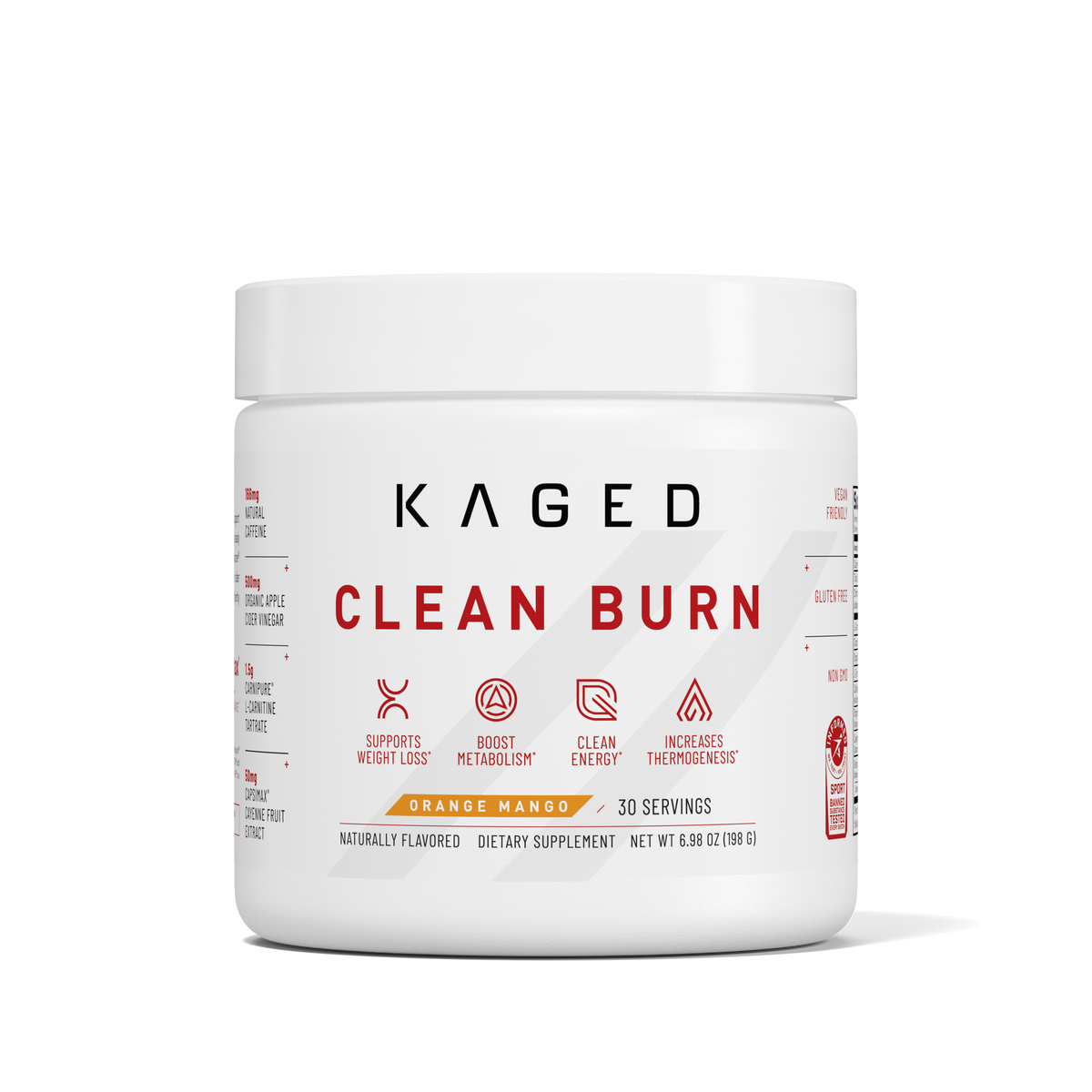 Front view of Clean Burn powder tub showcasing KAGED logo, large CLEAN BURN label and Orange Mango 30 servings flavor on white background #flavor_orange mango
