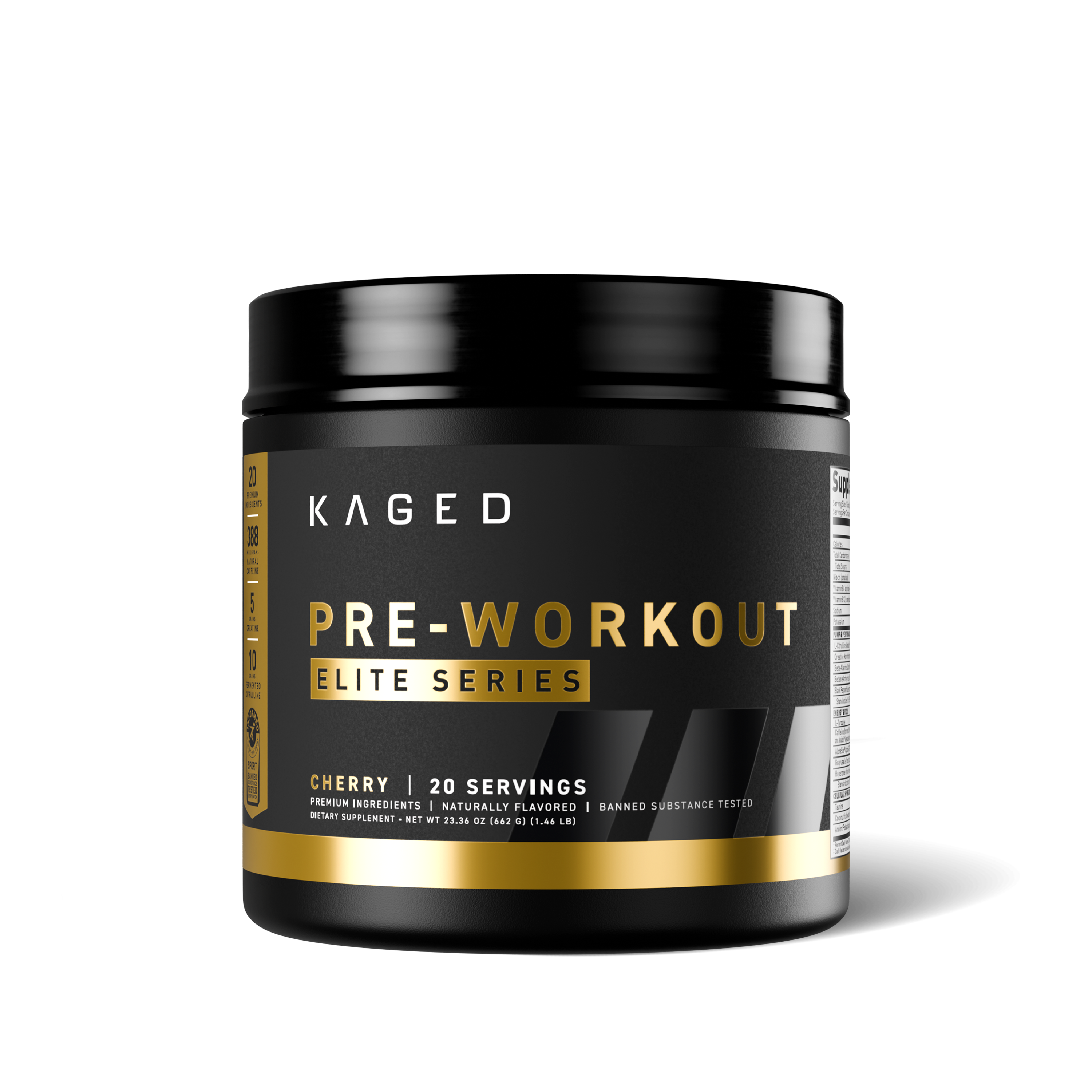 Front view of Pre-Workout Elite tub showing gold PRE-WORKOUT label and Cherry flavor on white background #flavor_cherry