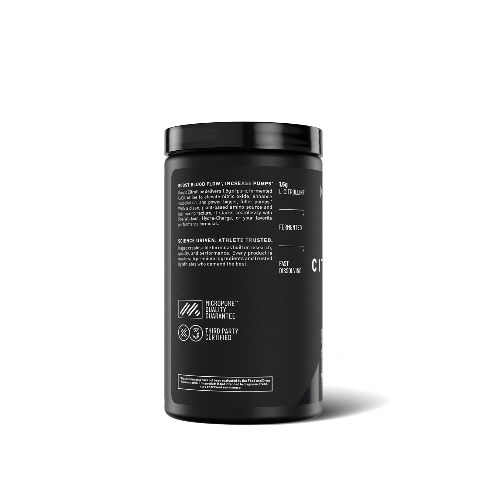 A black supplement tub with a black lid, shown from the back on a clean white background. The label features white text detailing ingredients, dosage, and brand features like 'Microshake Guarantee' and 'Thus Tastified.