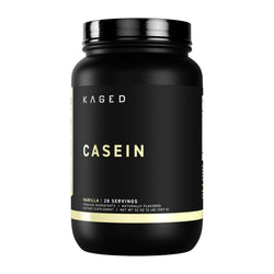Kaged Casein protein powder in a 2 lb container, highlighting its slow-digesting micellar casein formula.