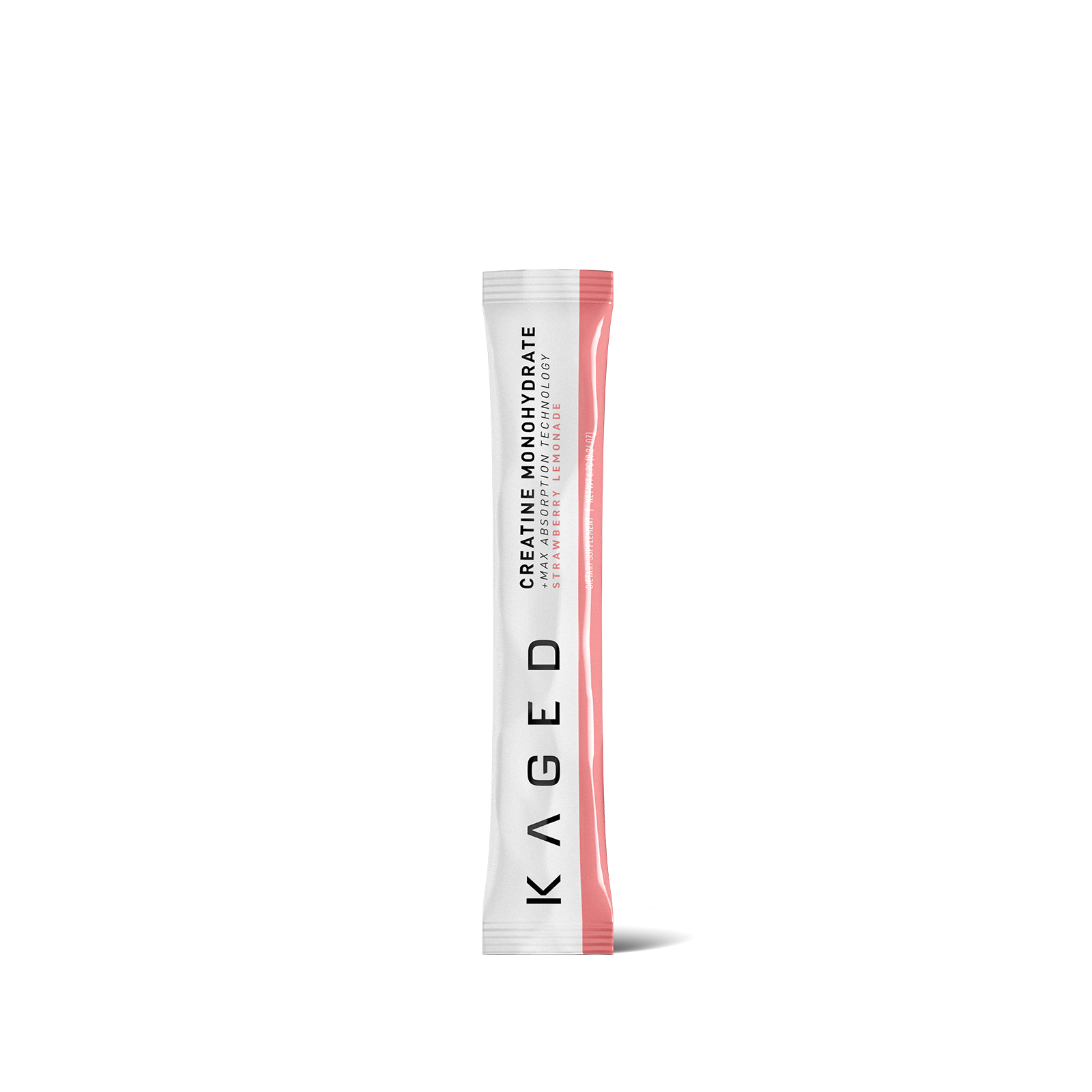 Front view of Creatine Monohydrate stick packet showing strawberry lemonade flavor, KAGED branding, and pink accent on white background #flavor_strawberry lemonade