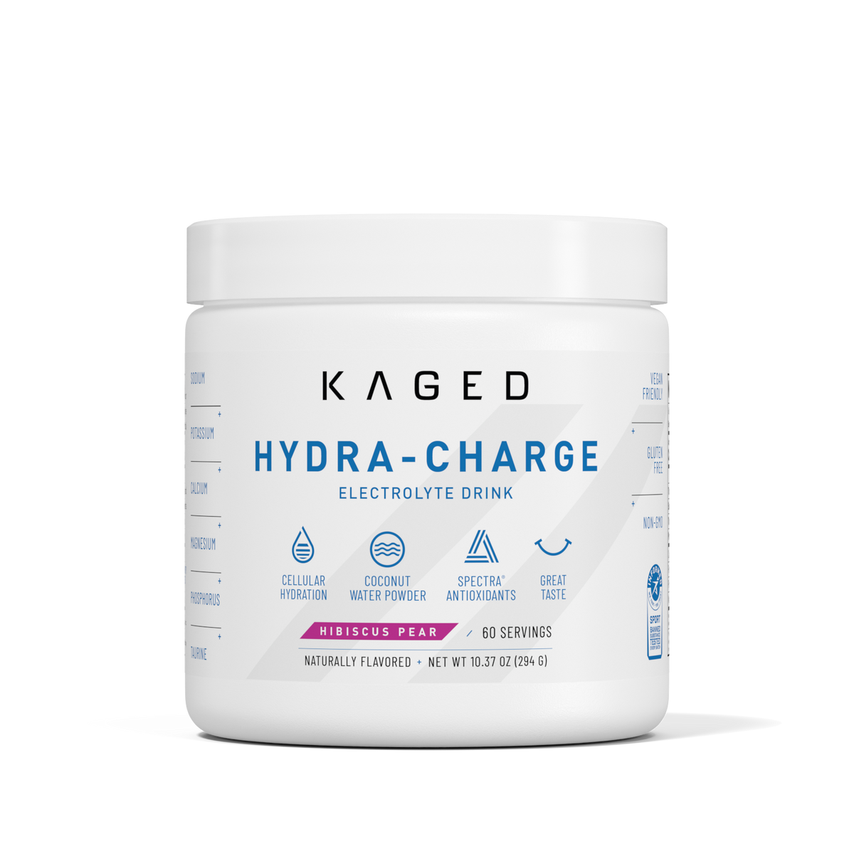 Front view of KAGED Hydra-Charge hydration powder tub, hibiscus pear flavor, showing large HYDRATION label and 60 servings on white background #flavor_hibiscus pear