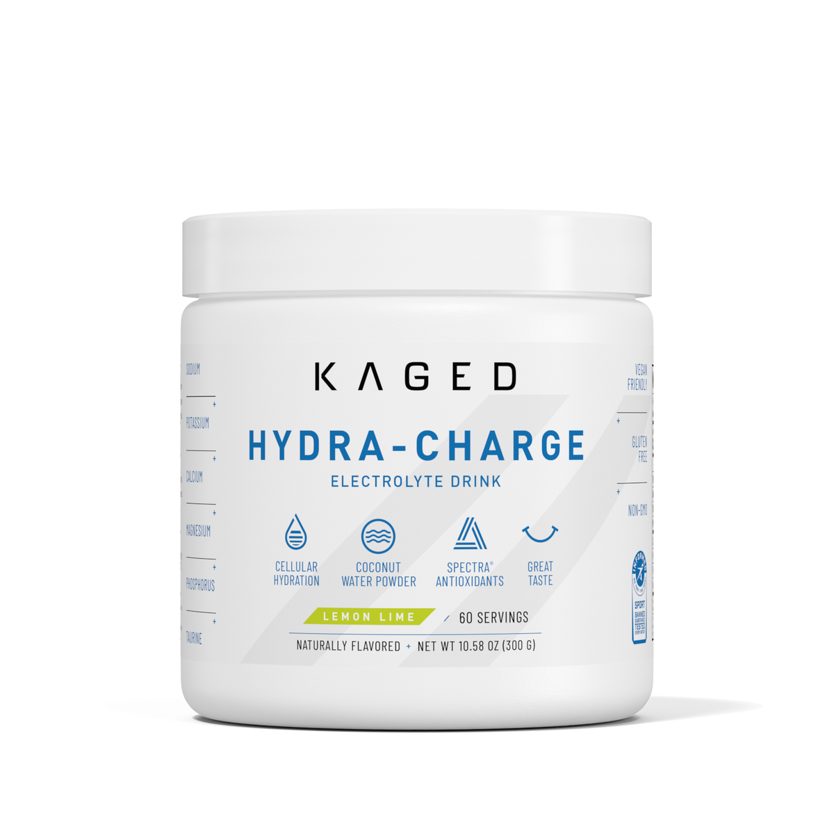 Front of Hydra-Charge hydration tub, lemon lime flavor, showing KAGED logo, 'HYDRATION' label and '60 servings' #flavor_lemon lime