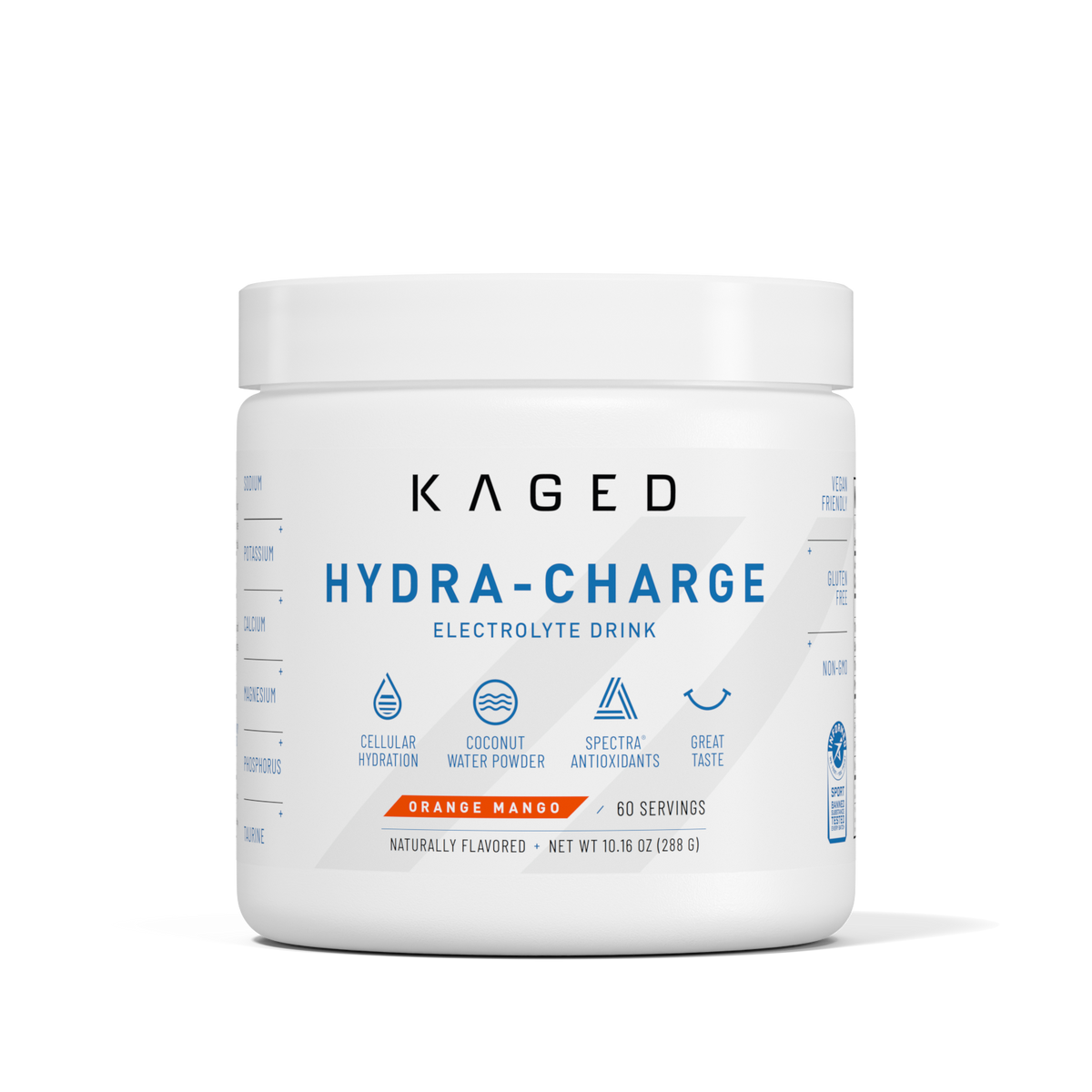 Front of Hydra-Charge tub showing HYDRATION label and Orange Mango flavor, 60 servings on white background #flavor_orange mango