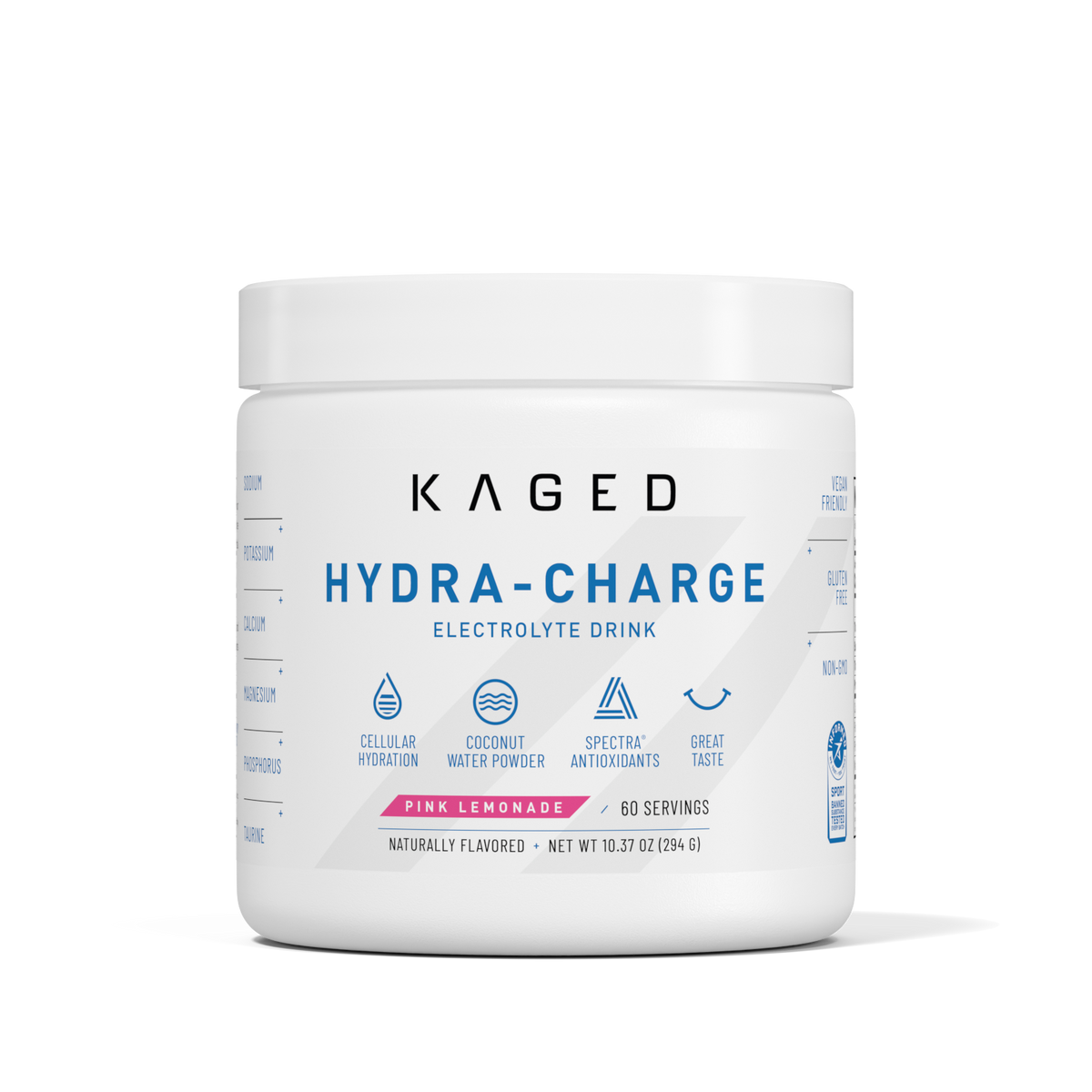 Front view of Hydra-Charge hydration powder tub showcasing KAGED logo and HYDRATION label, Pink Lemonade flavor, 60 servings on white background #flavor_pink lemonade