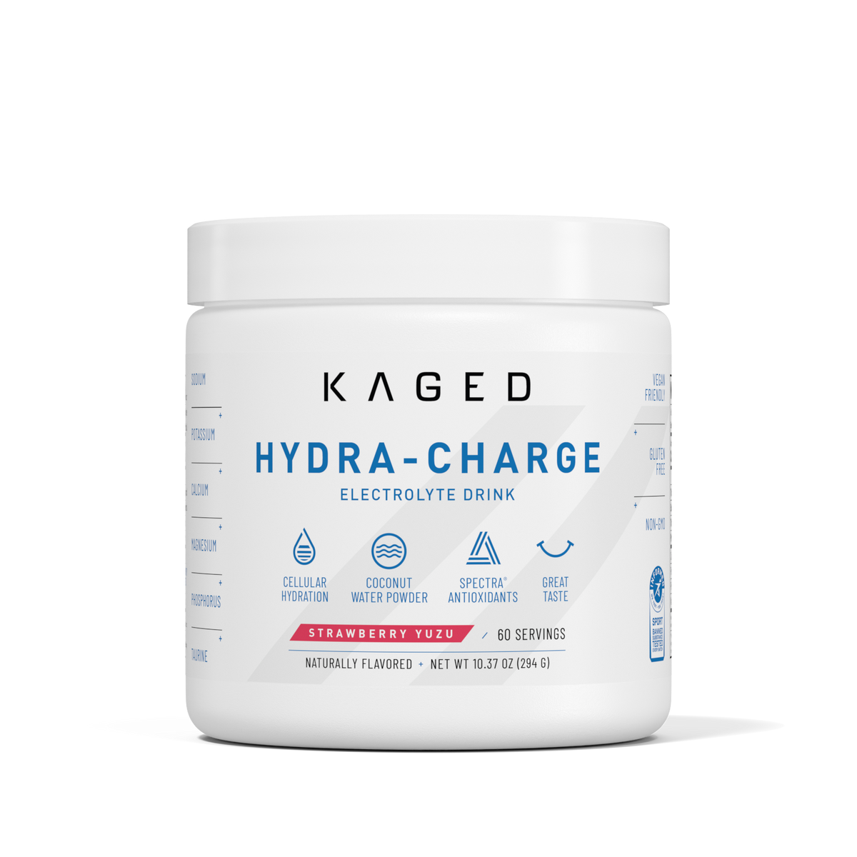 Front view of Hydra-Charge hydration powder tub showing HYDRATION label, Strawberry Yuzu flavor and 60 servings on white background #flavor_strawberry yuzu
