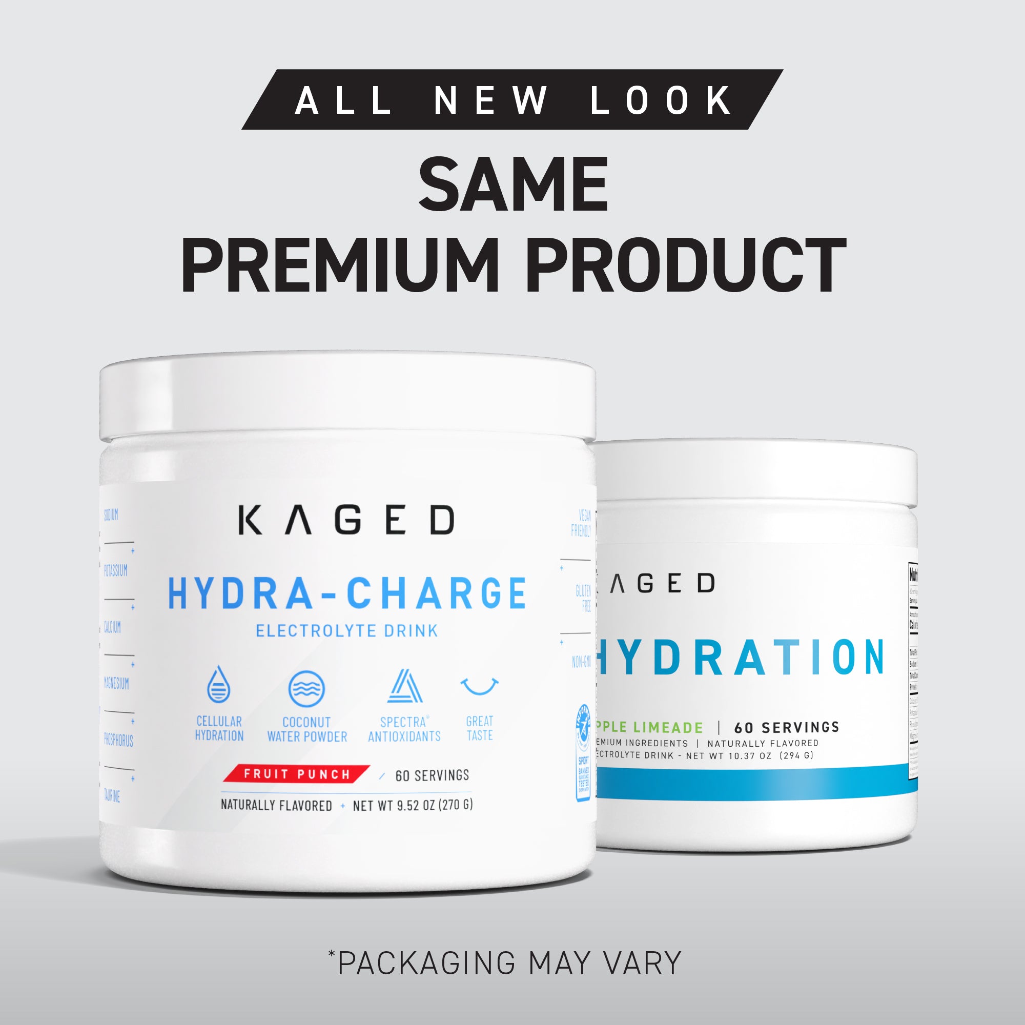 Front view of Hydra-Charge electrolyte drink mix tubs showing new labels and All New Look Same Premium Product