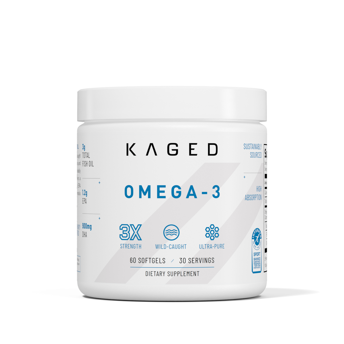 Front view of KAGED Omega-3 jar showing 'OMEGA-3' label and ultra-pure triple-strength fish oil supplement on white background