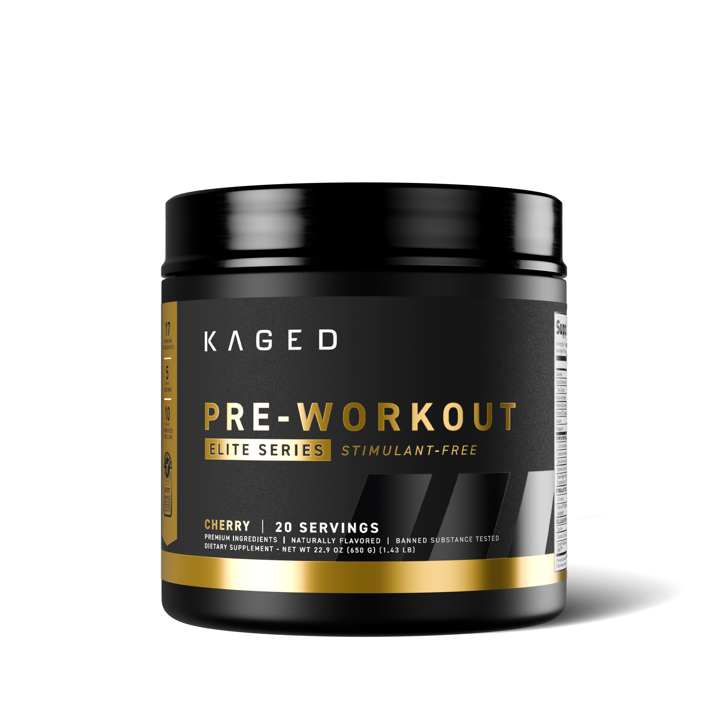 Front view of Pre-Workout Elite tub showing gold PRE-WORKOUT label and Cherry Limeade flavor on white background #flavor_cherry