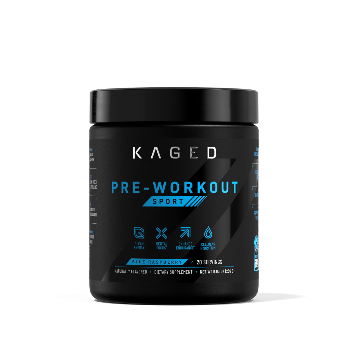 Front view of Pre-Workout Sport tub showcasing Pre-Workout Sport label and blue raspberry flavor on white background #flavor_blue raspberry