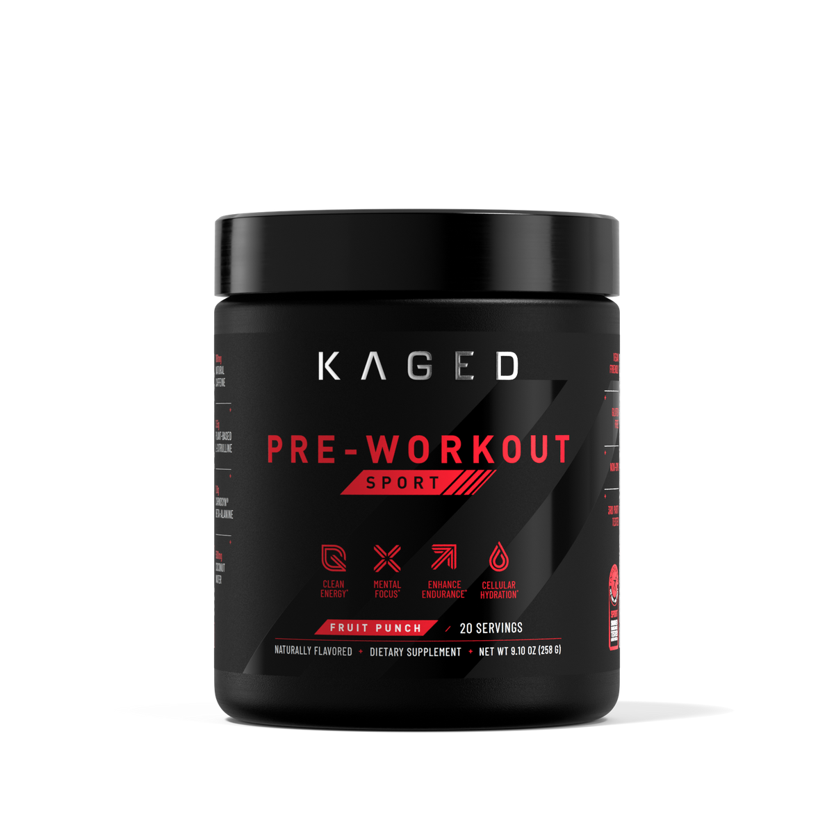 Front view of Pre-Workout Sport tub (Fruit Punch) showing label Pre-Workout Sport and 20 servings on a dark background #flavor_fruit punch