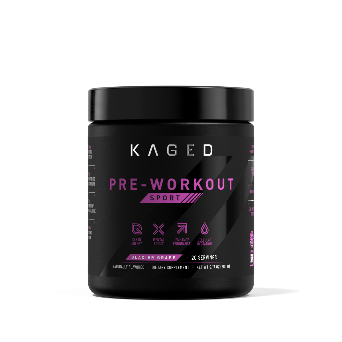 Close-up front view of Pre-Workout Sport container showing Glacier Grape flavor label, "20 servings", and pink Pre-Workout branding on black background #flavor_glacier grape