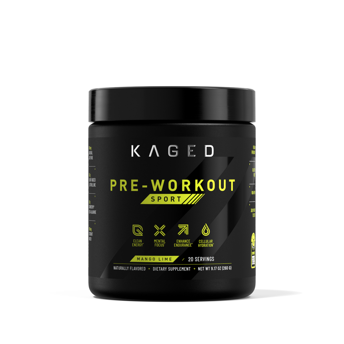 Close-up front view of Pre-Workout Sport tub showing black label with yellow PRE-WORKOUT SPORT text and Mango Lime flavor on white background #flavor_mango lime