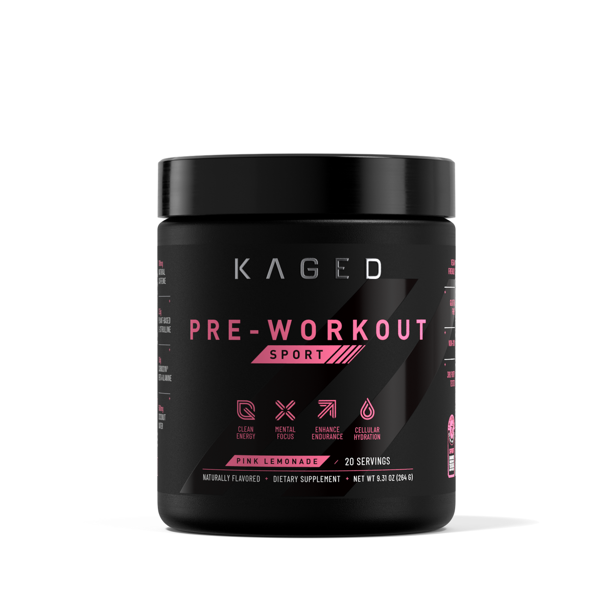 Front view of Pre-Workout Sport pre workout tub showcasing bold pink PRE-WORKOUT SPORT label and Pink Lemonade flavor on black background #flavor_pink lemonade
