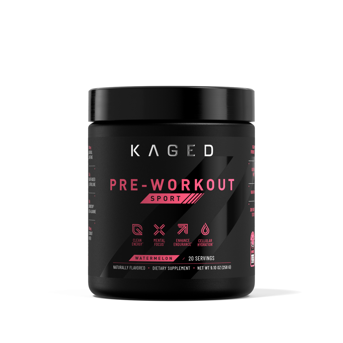 Front view of Pre-Workout Sport supplement tub showing pink PRE-WORKOUT SPORT label and Watermelon, 20 servings text on white background #flavor_watermelon