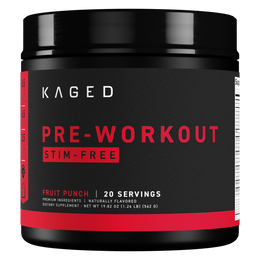 Kaged Pre-Workout Stim-Free in Fruit Punch flavor, 20 servings, featuring premium ingredients and naturally flavored.