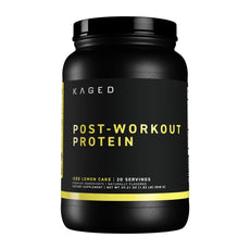 Kaged Post-Workout Protein in iced lemon cake flavor, 29.21 oz container with 20 servings.