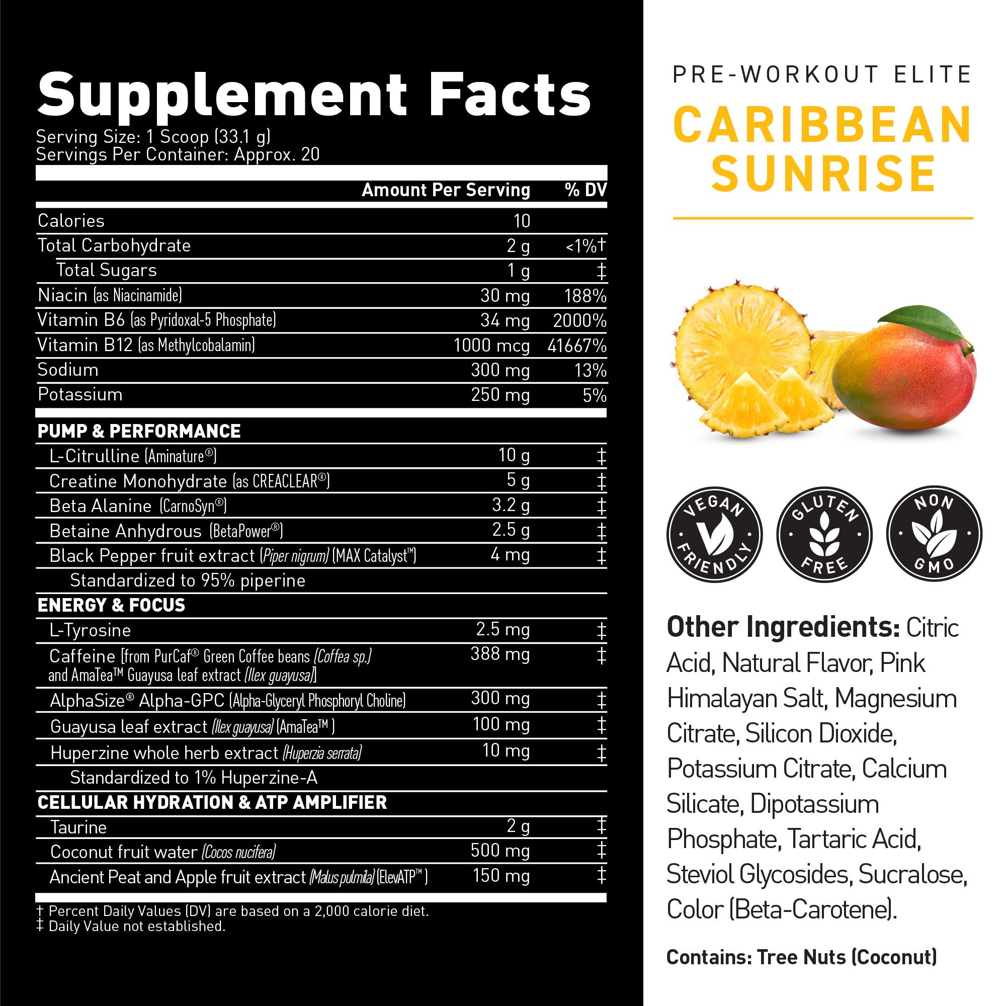 Front label of Pre-Workout Elite container showing 'Caribbean Sunrise' flavor, supplement facts panel, and pineapple and mango images #flavor_caribbean sunrise
