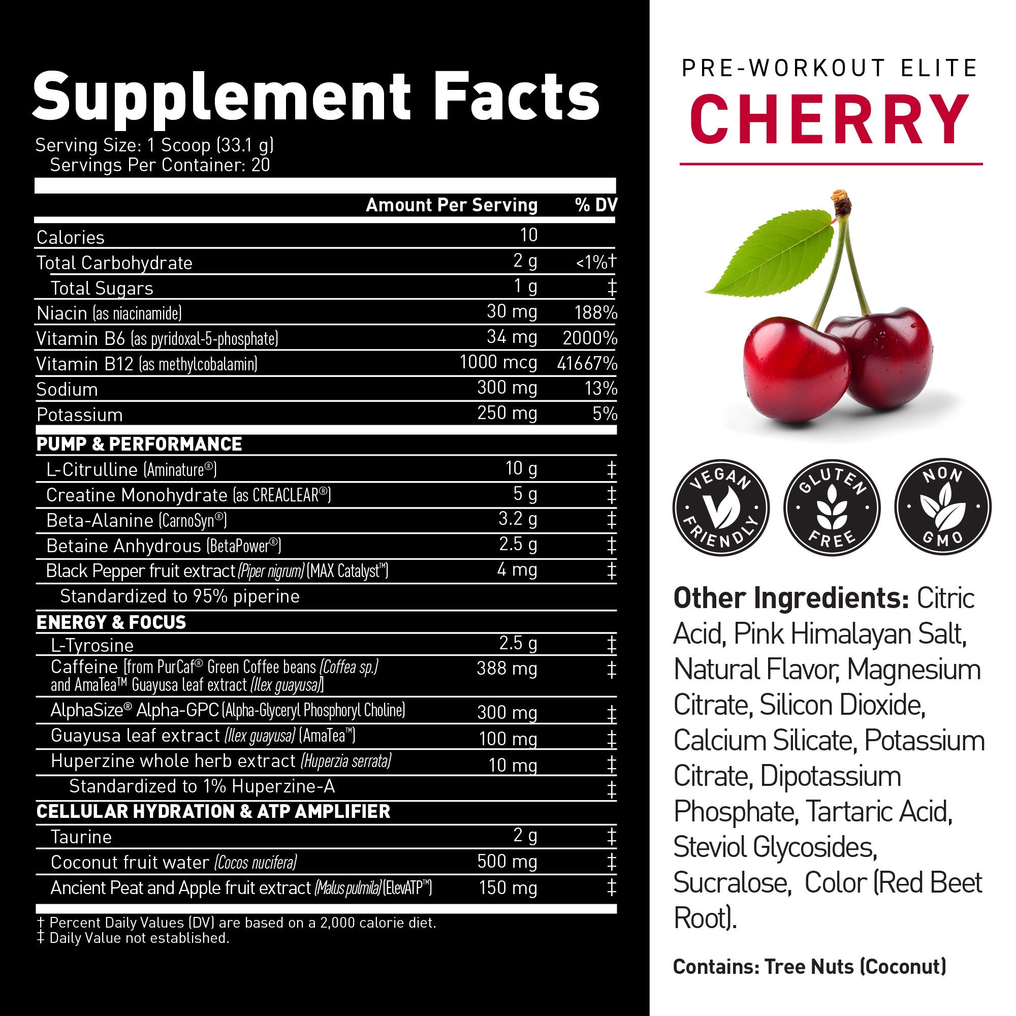 Close-up of Pre-Workout Elite label showing CHERRY flavor, Supplement Facts, and cherries #flavor_cherry