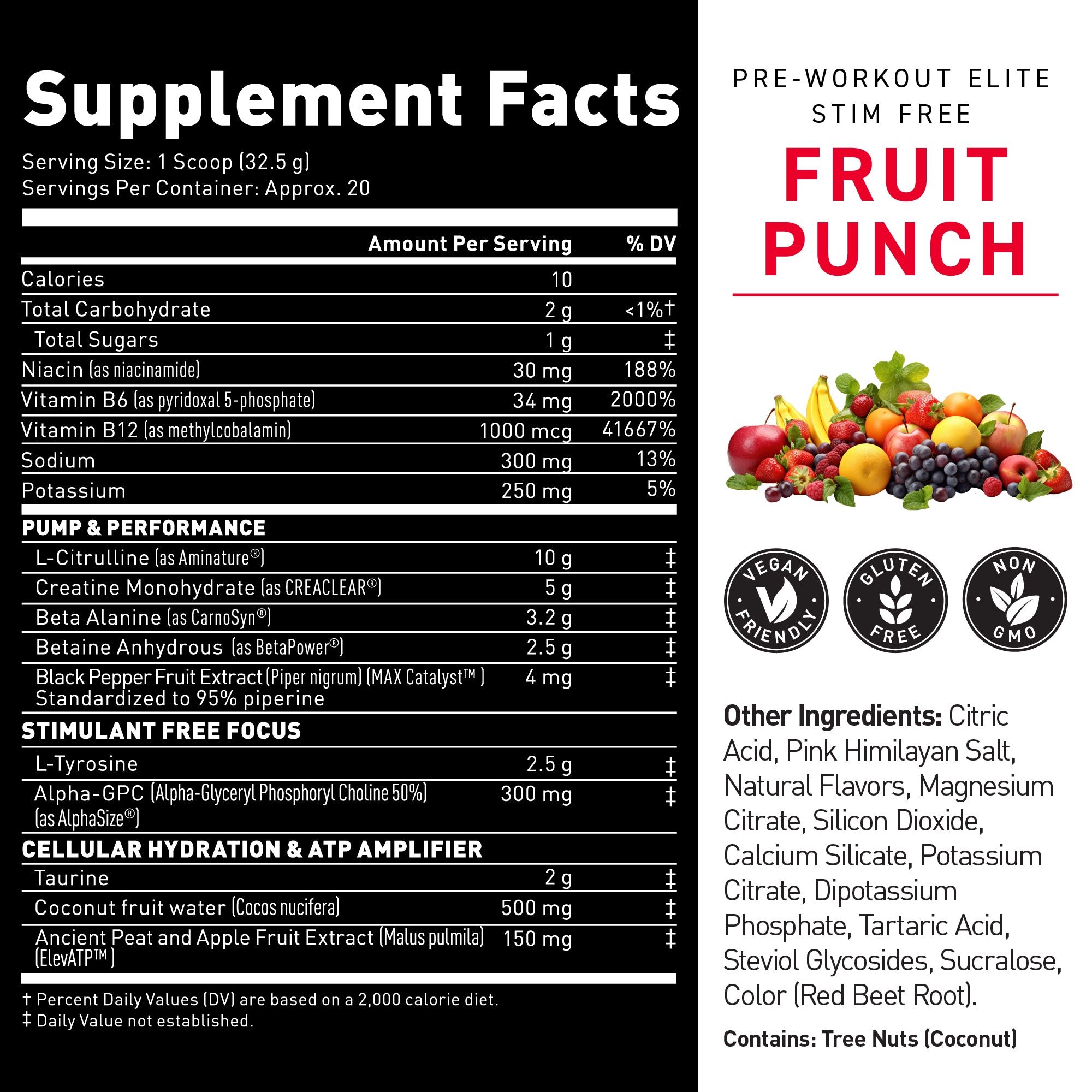 Pre-Workout Elite Stimulant-Free front label, Fruit Punch flavor supplement facts and certification badges #flavor_fruit punch